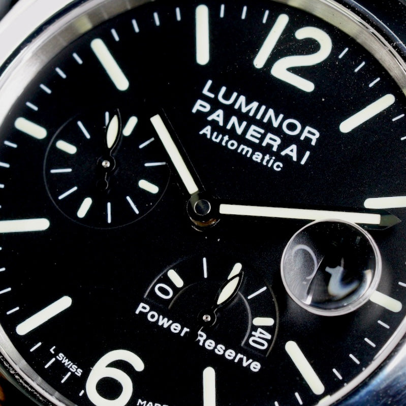 Panerai Luminor PAM 00090 Power Reserve Black Dial Stainless Steel Brown Leather Strap 44mm