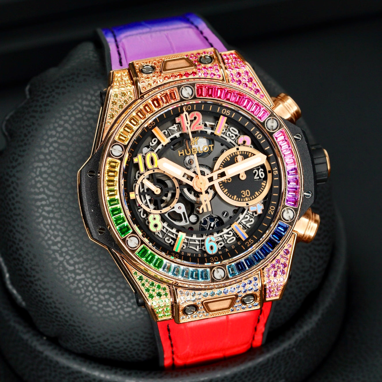 Hublot Bang Unico 441.OX.9910.LR.0999 “RAINBOW 42” Skeleton Dial King Gold Rainbow Black Strap 42mm