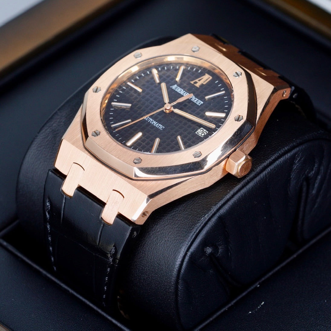 Audemars Piguet Royal Oak 15300OR.OO.D002CR.01 “BLACK OAK” Black Dial Rose Gold Leather Strap 39mm
