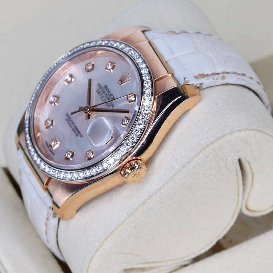 Rolex Datejust 116185 MOP Diamond Dial Rose Gold Leather Strap 36mm
