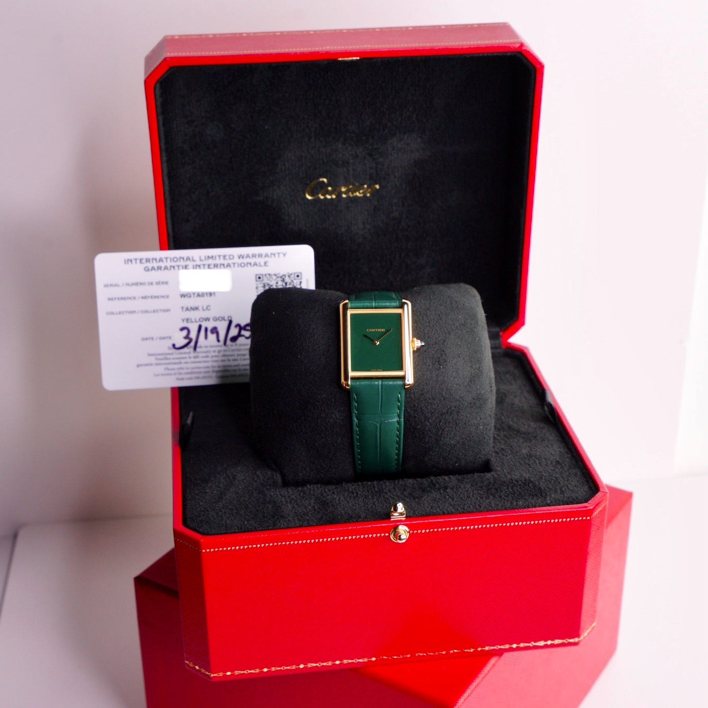 Cartier NEW 2025 Tank Louis Cartier Large WGTA0191 “GREEN” Green Dial Yellow Gold Leather Strap