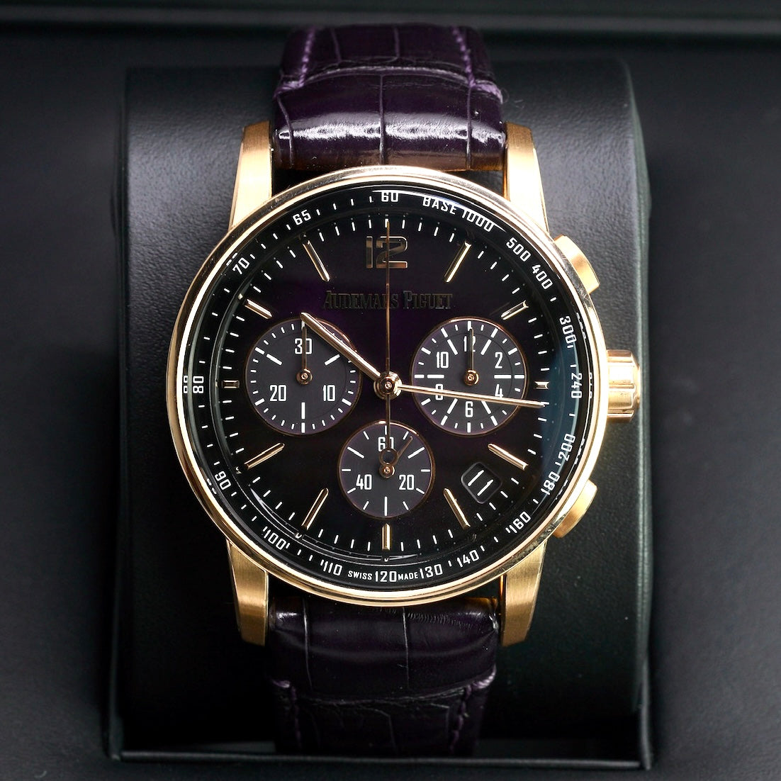 Audemars Piguet Code 11.59 26393OR.OO.A002KB.02 Smoked Lacquered Purple Dial  Rose Gold Purple Leather Strap 41mm