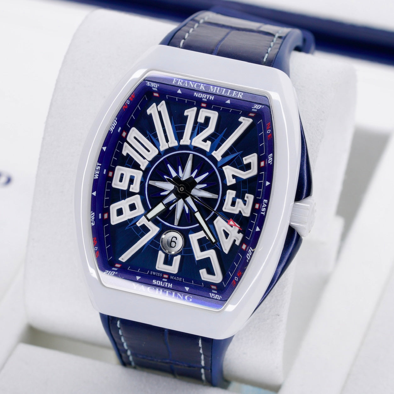 Franck Muller Vanguard V 45 SC DT Yachting Blue Dial Ceramic Blue Leather Strap