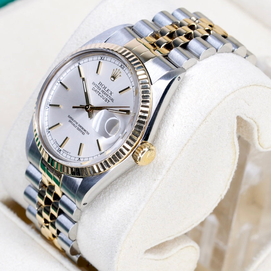 Rolex Datejust 16233 Silver Stick Dial Two-Tone Yellow Gold & Steel 36mm