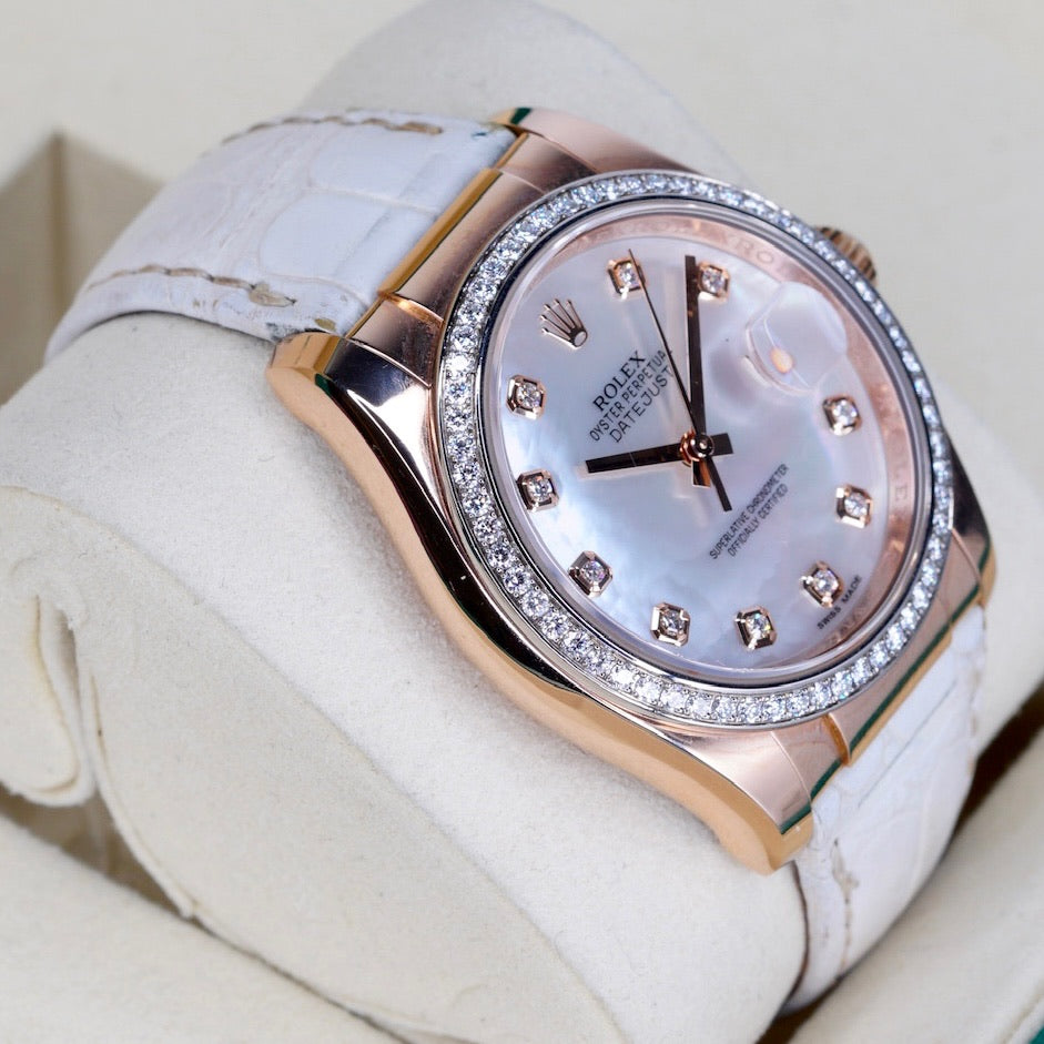 Rolex Datejust 116185 MOP Diamond Dial Rose Gold Leather Strap 36mm