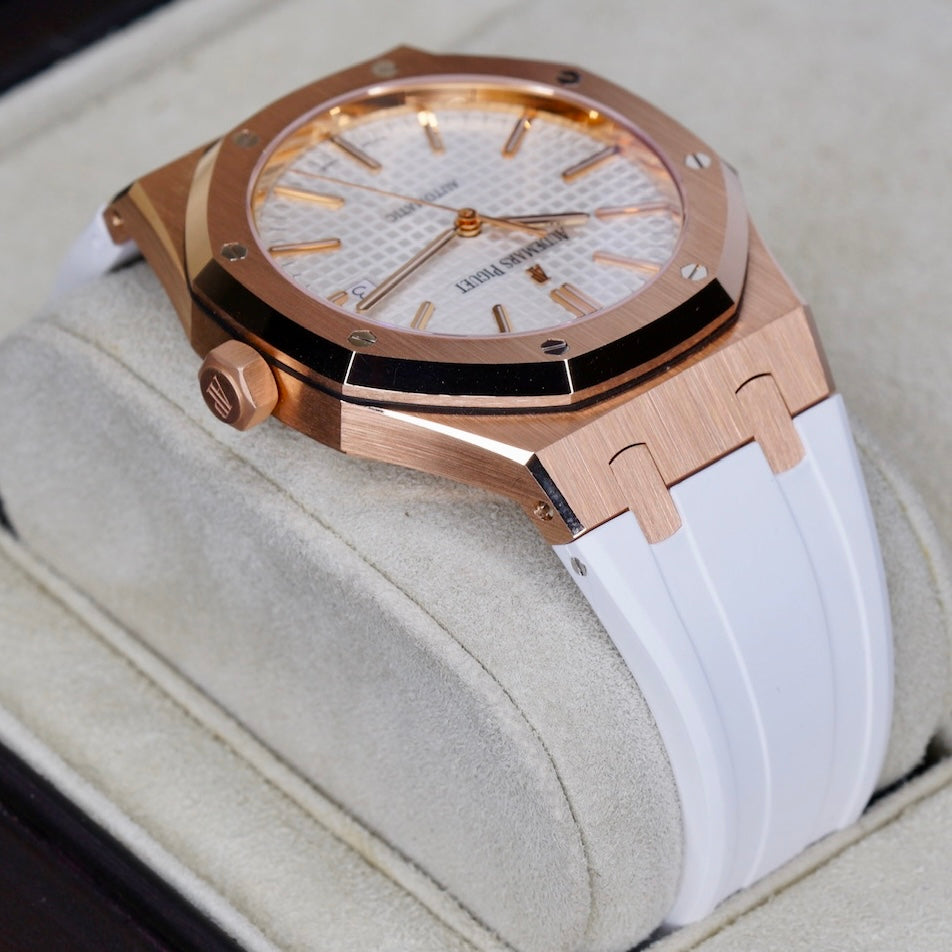 Audemars Piguet Royal Oak 15400OR.OO.D088cCR.01 White Dial Rose Gold White Leather Strap 41mm 2015