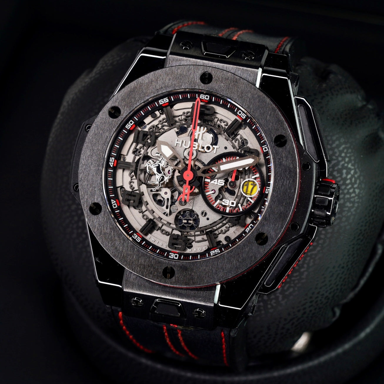 Hublot Big Bang 401.CX.0123.VR “FERRARI” Skeleton Dial Ceramic Leather Strap 45mm