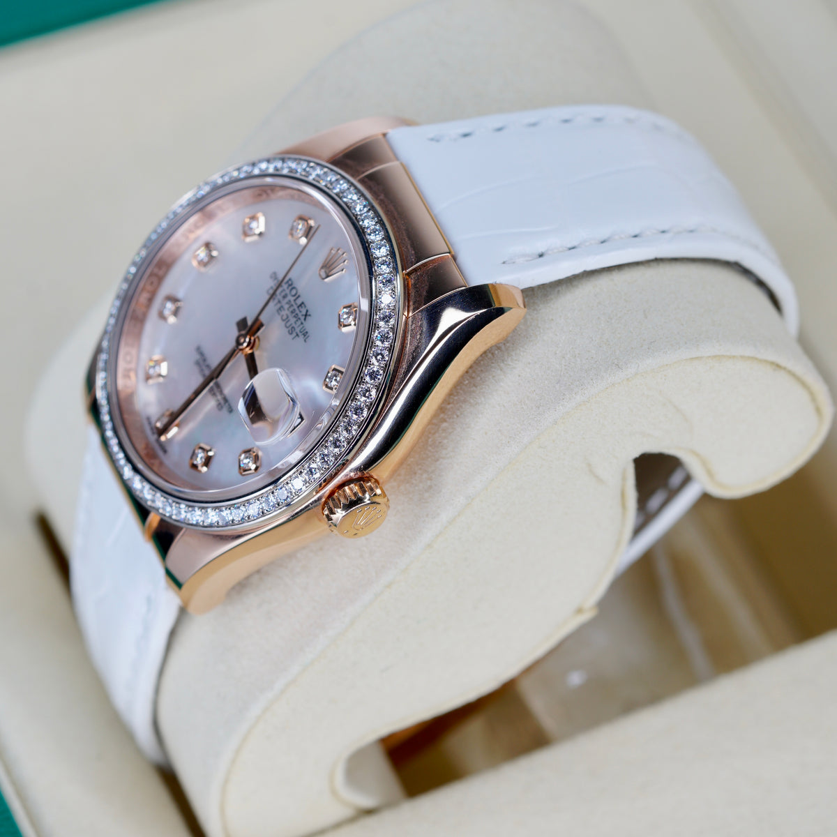 Rolex Datejust 116185 MOP Diamond Dial Rose Gold Leather Strap 36mm