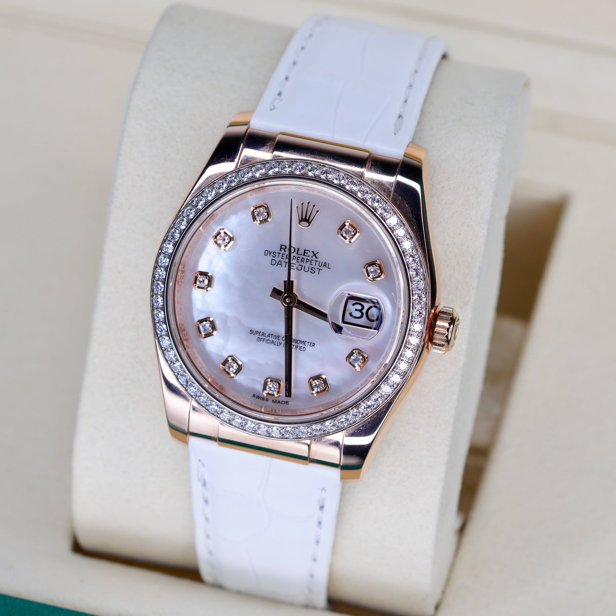 Rolex Datejust 116185 MOP Diamond Dial Rose Gold Leather Strap 36mm