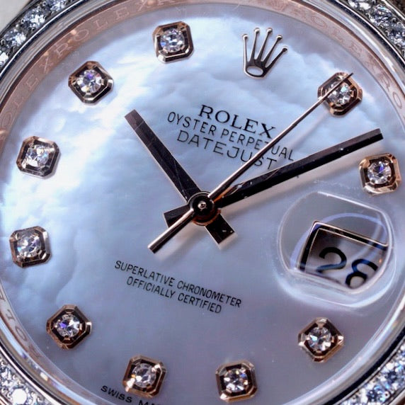 Rolex Datejust 116185 MOP Diamond Dial Rose Gold Leather Strap 36mm