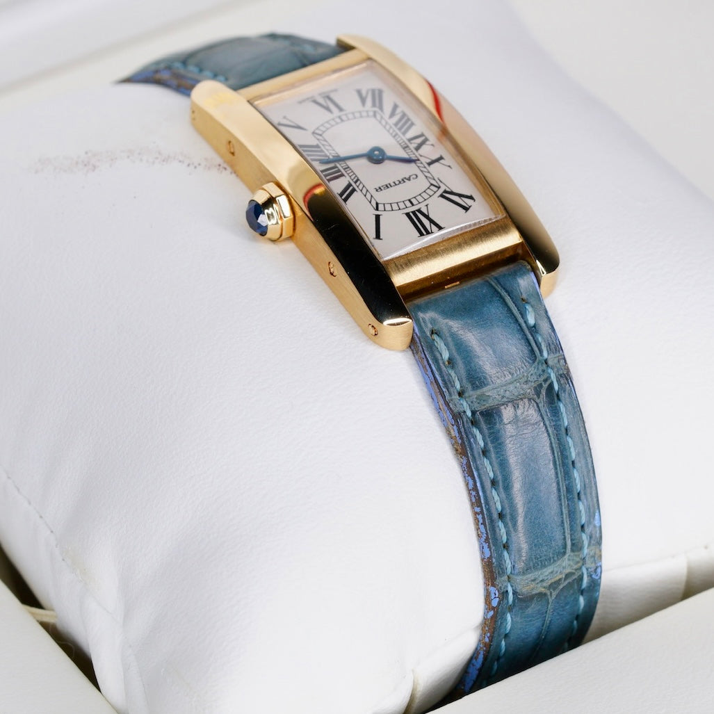 Cartier Tank Americaine 1710 White Dial Yellow Gold Leather Strap Quartz