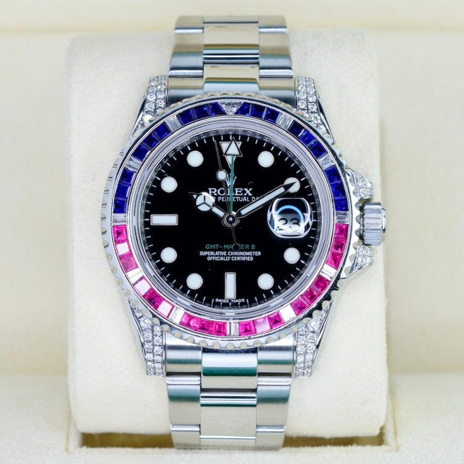 Rolex GMT-Master II 116710 “ALMOST SARU” Aftermarket Diamond Ruby & Sapphire Bezel Stainless Steel 40mm