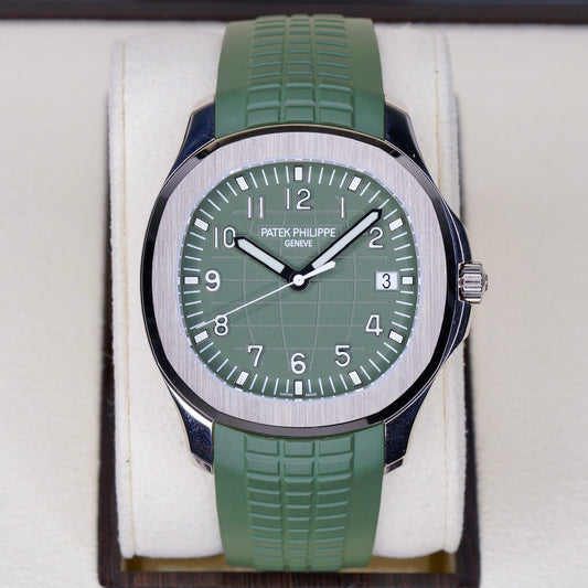 Patek Philippe Aquanaut 5168G-010 ”GREEN AQUA” Khaki Green Dial Green White Gold Tropical Strap 42mm