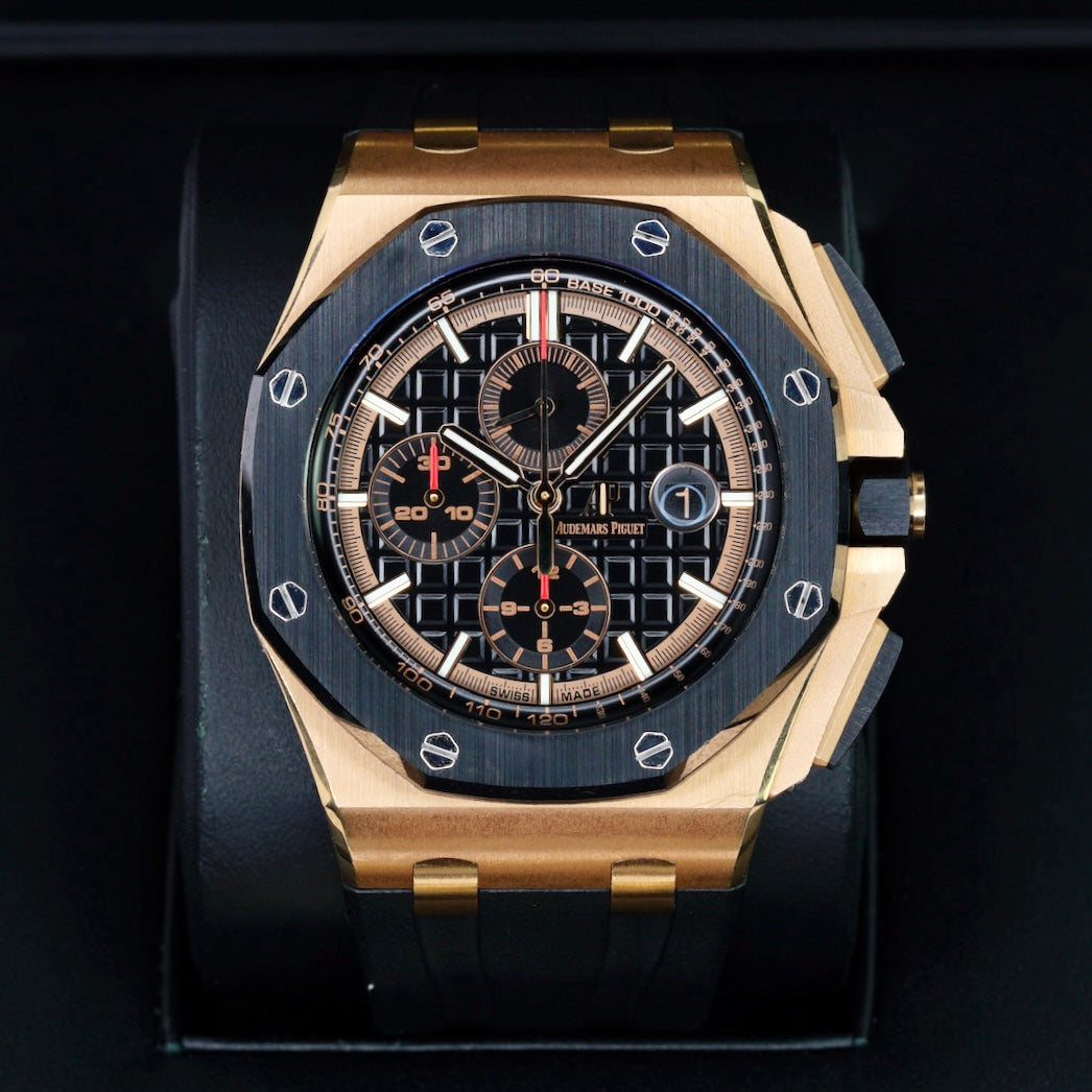 Audemars Piguet Royal Oak Offshore 26401RO.OO.A002CA.02 Black Dial Black Subdials Rose Gold Rubber Strap Chronograph 44mm