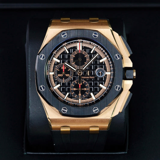 Audemars Piguet Royal Oak Offshore 26401RO.OO.A002CA.02 Black Dial Black Subdials Rose Gold Rubber Strap Chronograph 44mm
