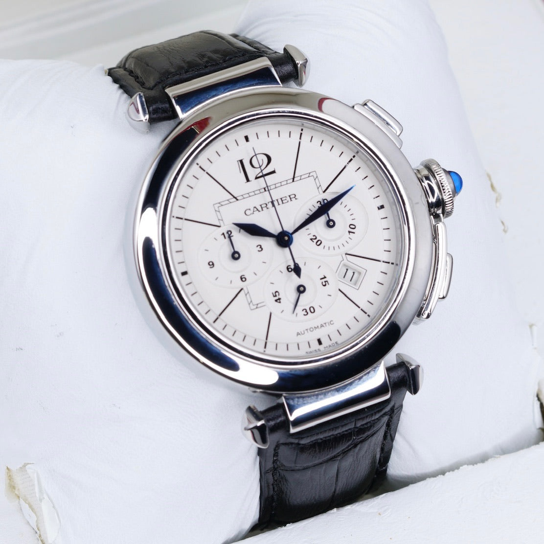 Cartier Pasha W3108555 White Dial XL Chronograph Leather Strap 42mm