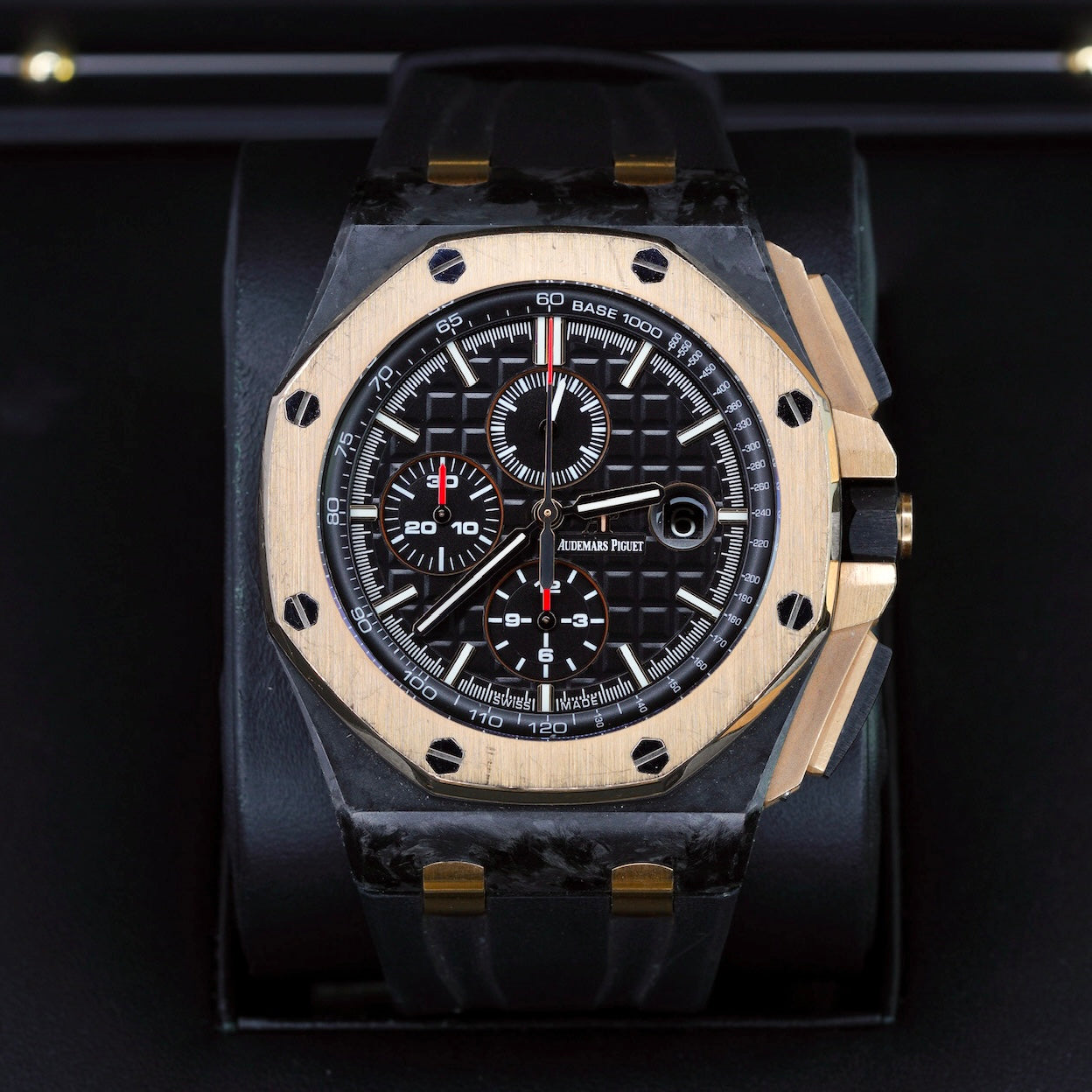 Audemars Piguet Royal Oak Offshore  26406FR.OO.A002CA.01 “QEII CUP” Black Dial Carbon Case Rose Gold Bezel Chronograph 44mm