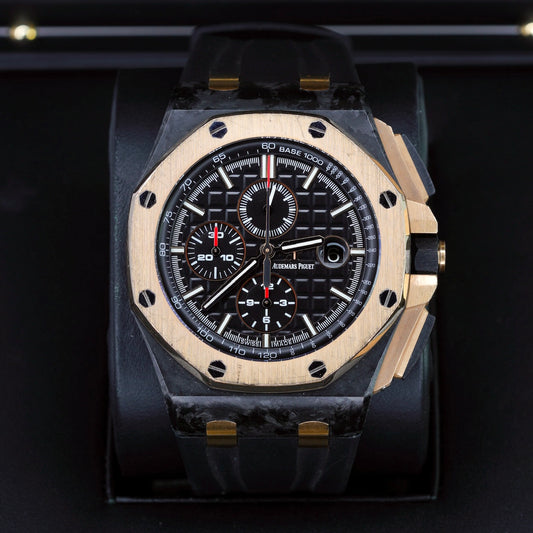 Audemars Piguet Royal Oak Offshore  26406FR.OO.A002CA.01 “QEII CUP” Black Dial Carbon Case Rose Gold Bezel Chronograph 44mm