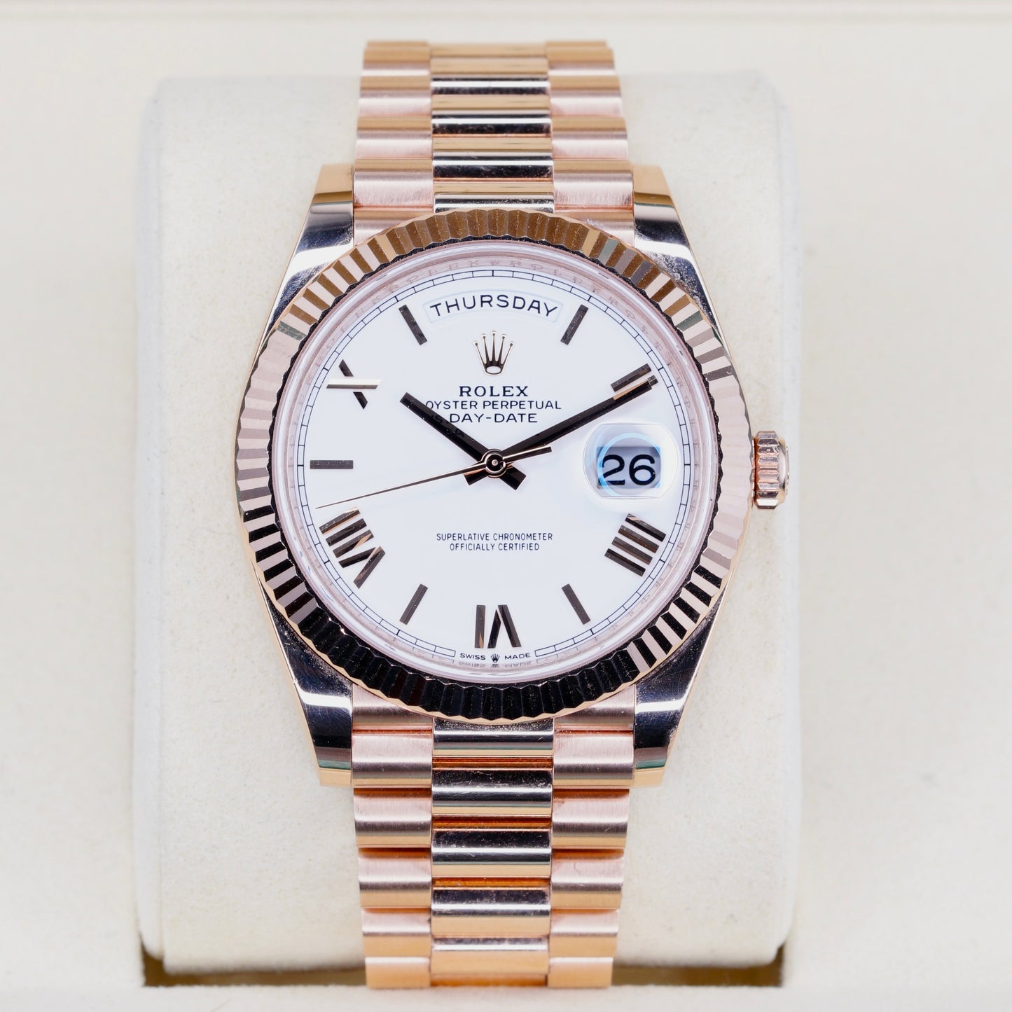 Rolex Day-Date 228235 White Roman Dial Rose Gold 40mm