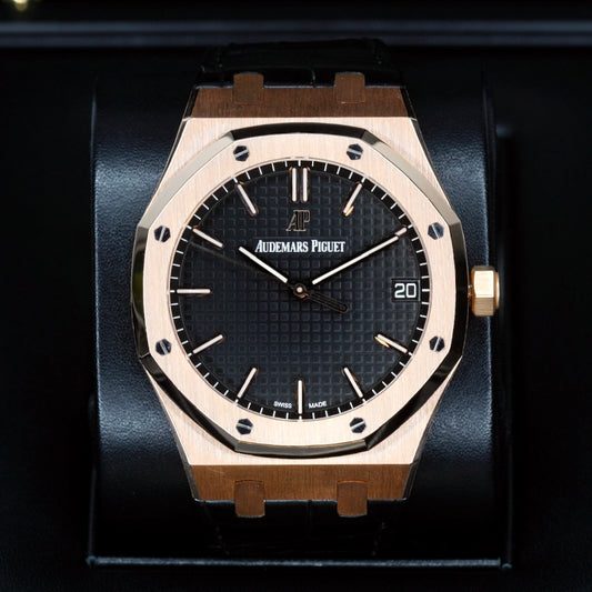 Audemars Piguet Royal Oak 15500OR.OO.D002CR.01 Black Dial Rose Gold Leather Strap 41mm