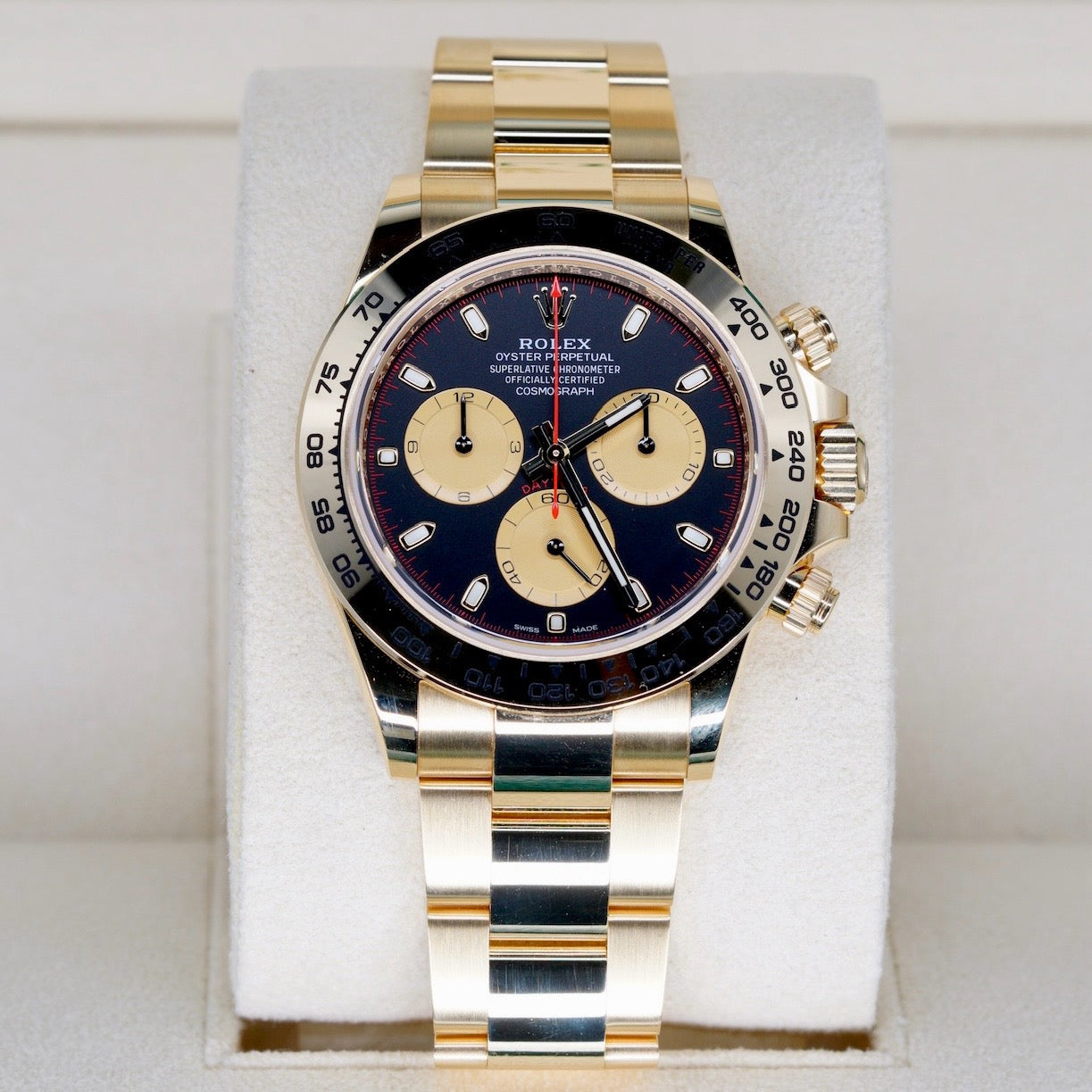 Rolex NEW OLD STOCK Daytona 116508 “PAUL NEWMAN” Black Dial Red Accents Champagne Subdials Yellow Gold 40mm 2023