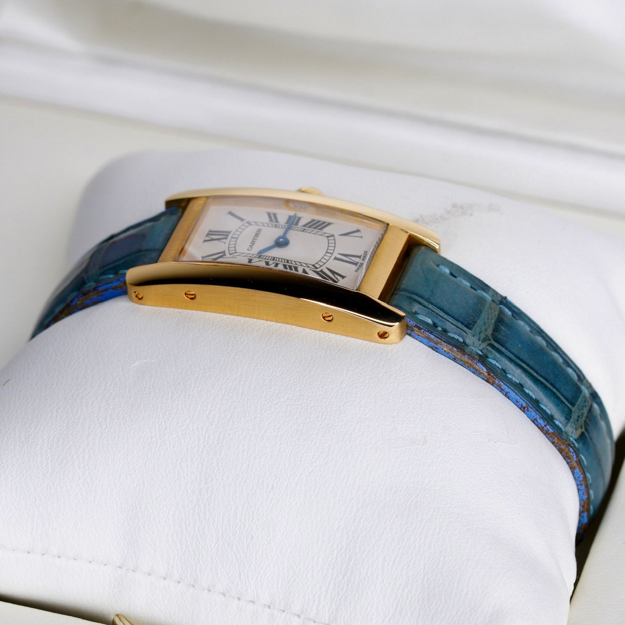 Cartier Tank Americaine 1710 White Dial Yellow Gold Leather Strap Quartz