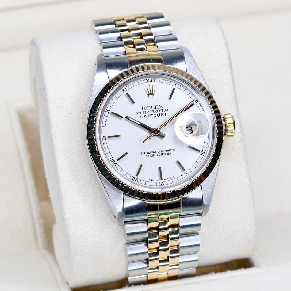 Rolex Datejust 16233 Silver Stick Dial Two-Tone Yellow Gold & Steel 36mm