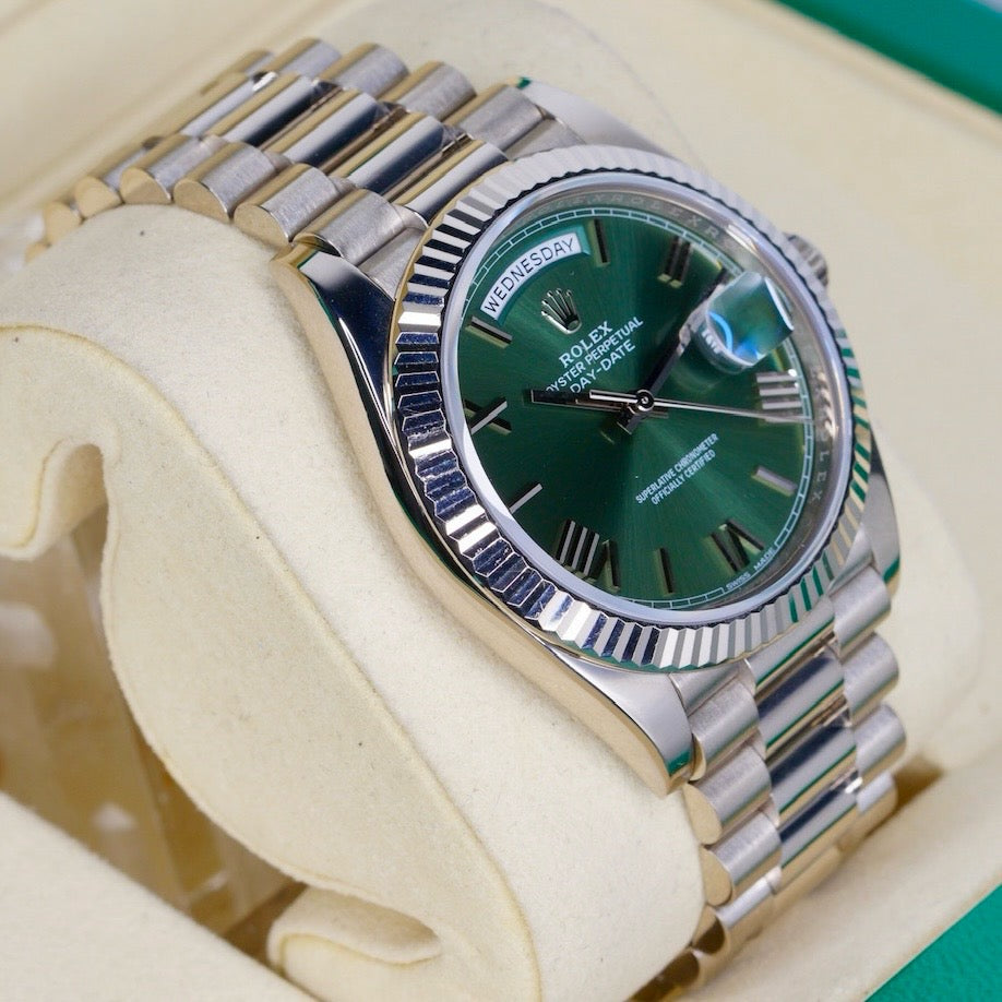 Rolex Day-Date 228239 “OLIVE” Green Olive Roman Dial White Gold President 40mm 2016