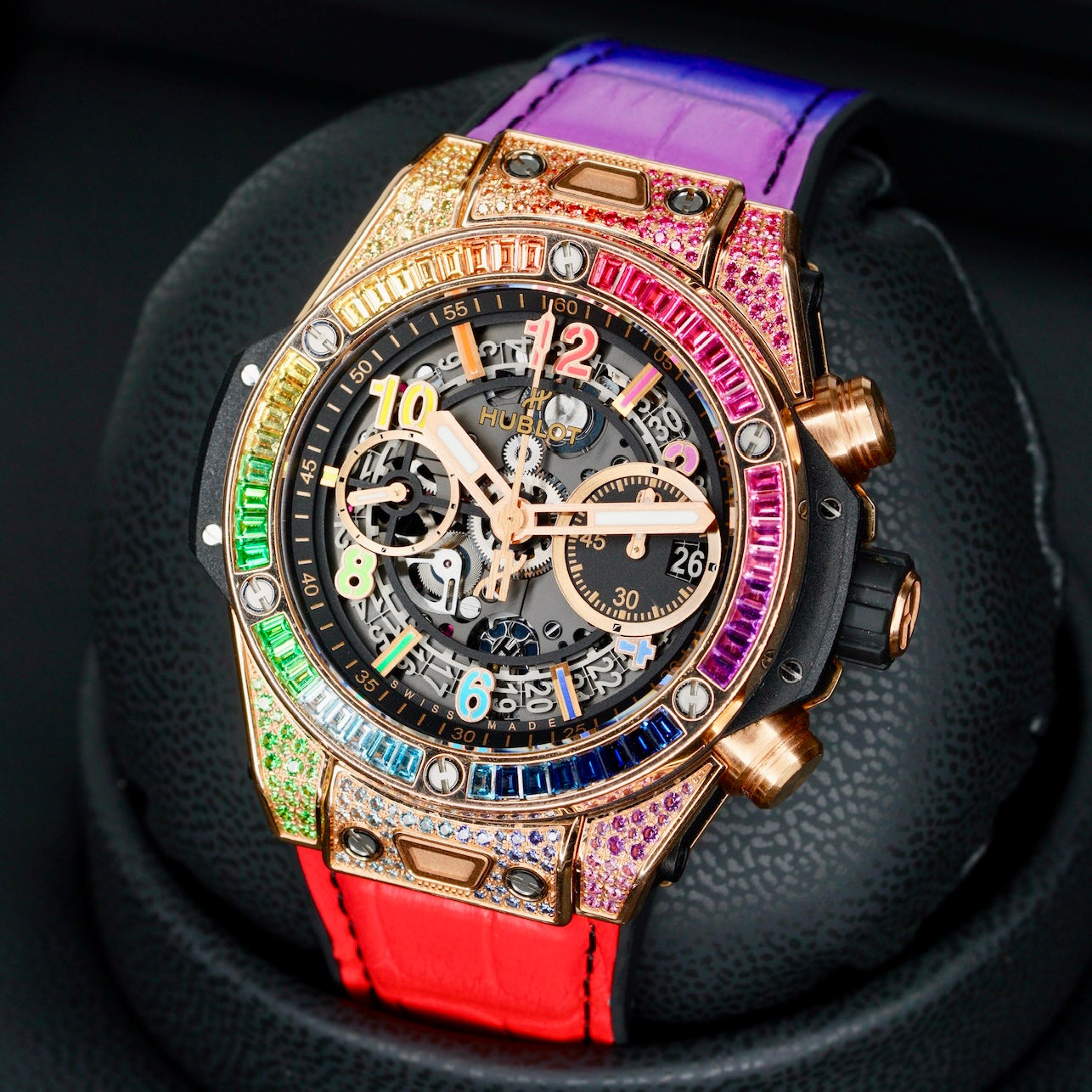 Hublot Bang Unico 441.OX.9910.LR.0999 “RAINBOW 42” Skeleton Dial King Gold Rainbow Black Strap 42mm