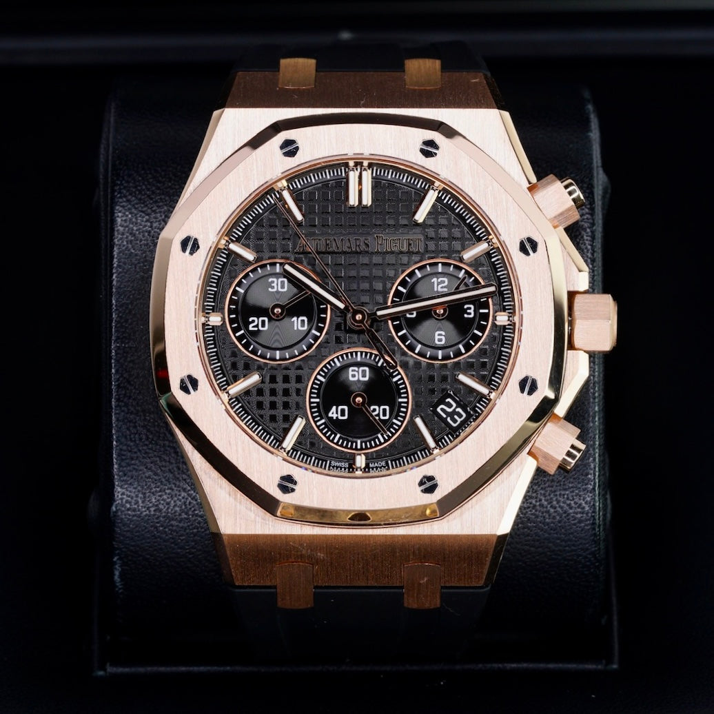 Audemars Piguet Royal Oak 26240OR.OO.D002CR.01 “50th ANNIVERSARY” Black Dial Black Rubber Rose Gold Chronograph Leather Strap 41mm 2022