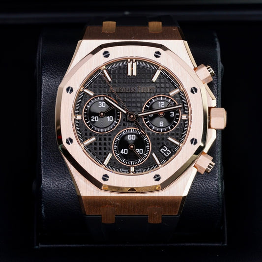 Audemars Piguet Royal Oak 26240OR.OO.D002CR.01 “50th ANNIVERSARY” Black Dial Black Rubber Rose Gold Chronograph Leather Strap 41mm 2022