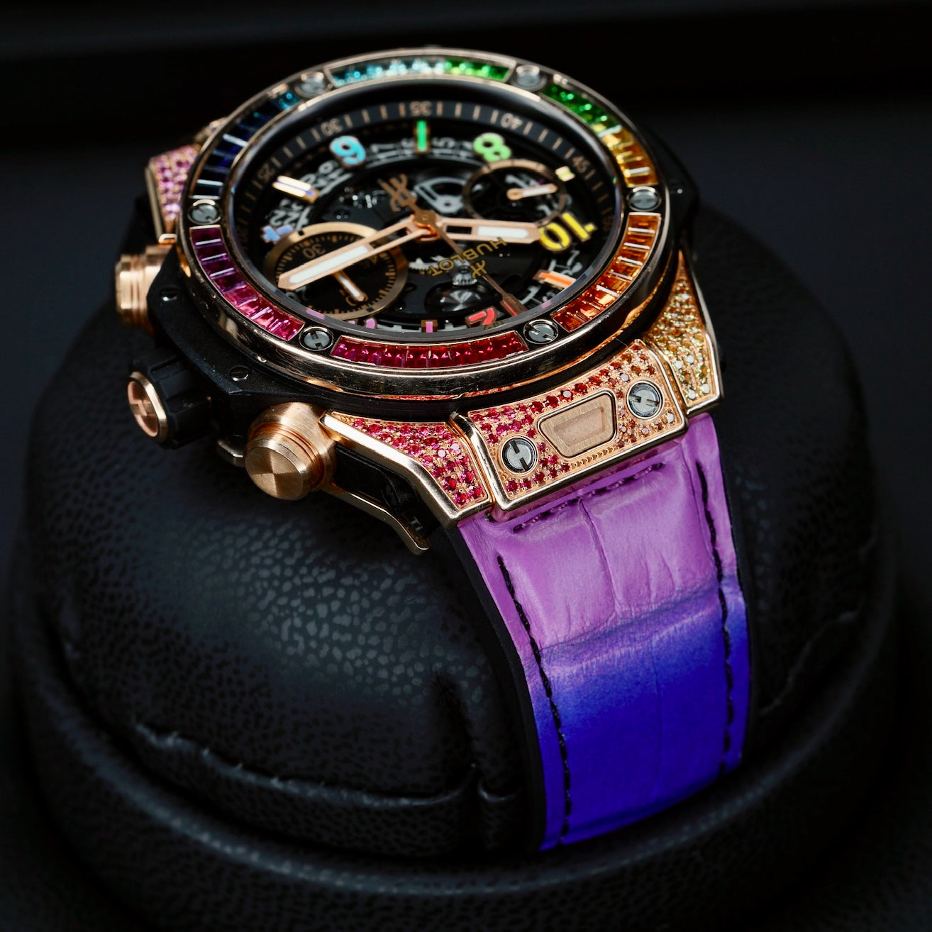 Hublot Bang Unico 441.OX.9910.LR.0999 “RAINBOW 42” Skeleton Dial King Gold Rainbow Black Strap 42mm