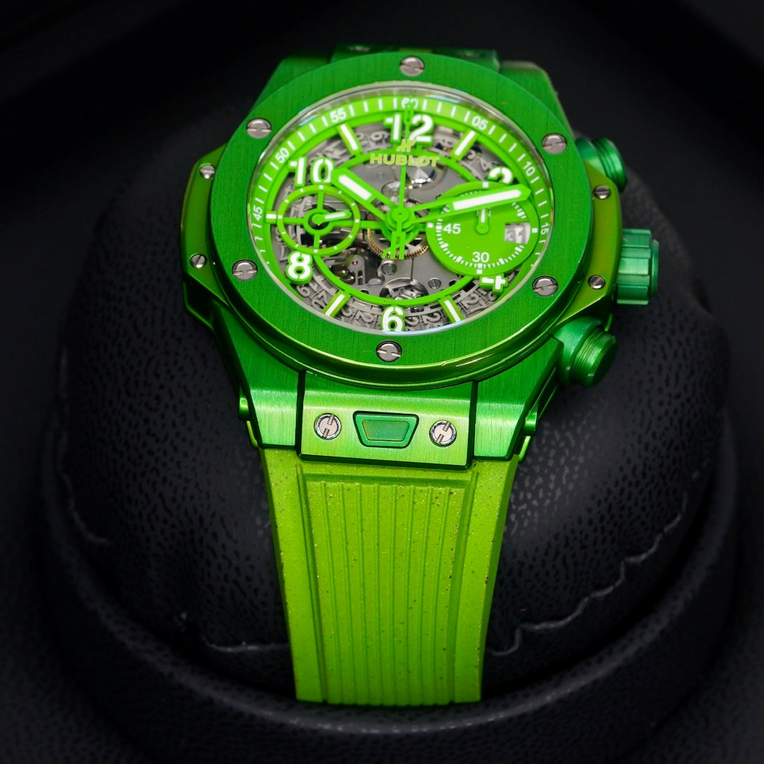 Hublot Big Bang Unico 441.UG.5220.RX.NES23 “NESPRESSO ORIGIN” Skeleton Dial Green Aluminum Rubber Strap 42mm