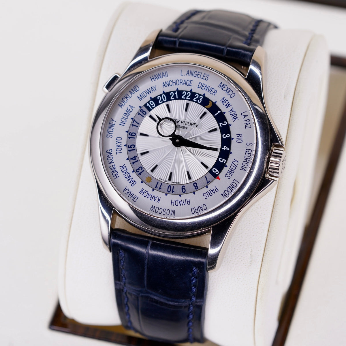 Patek Philippe 5130G-019 “WORLD TIME” White Dial Blue Accents White Gold Blue Leather Strap 39mm 2014