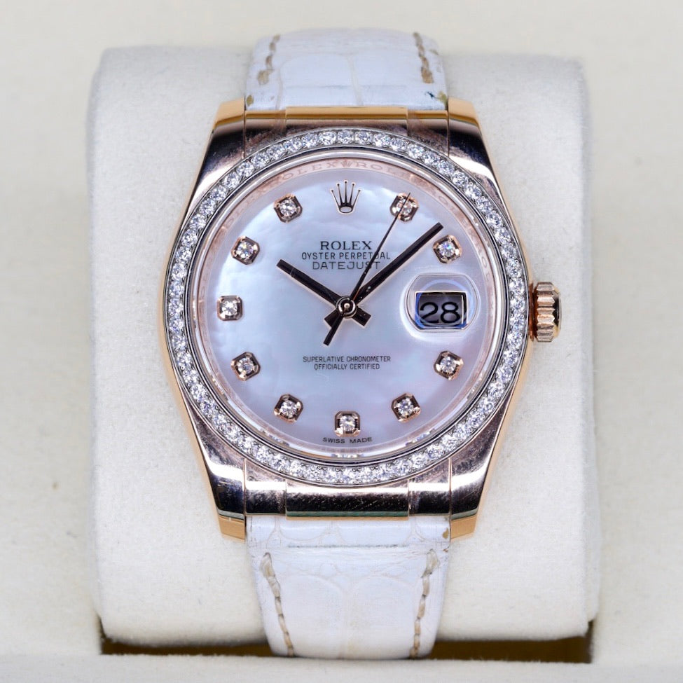 Rolex Datejust 116185 MOP Diamond Dial Rose Gold Leather Strap 36mm