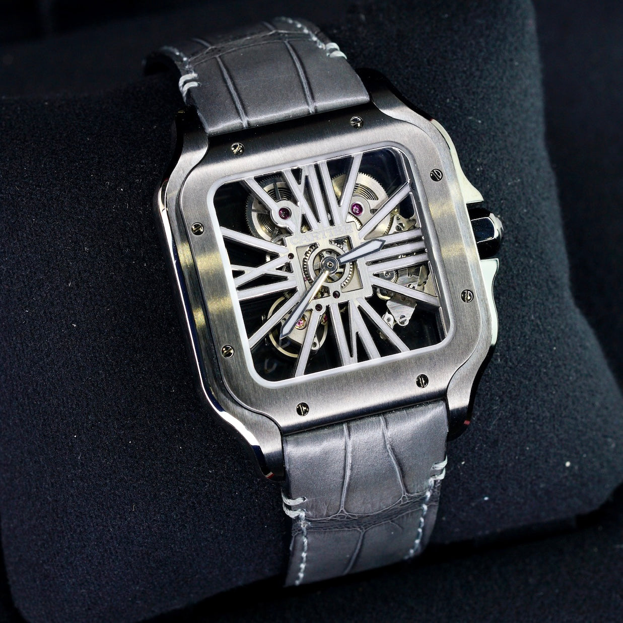 Cartier NEW OLD STOCK Santos De Cartier WHSA0009 Skeleton Black Stainless Steel Leather Strap 39.8mm 2020
