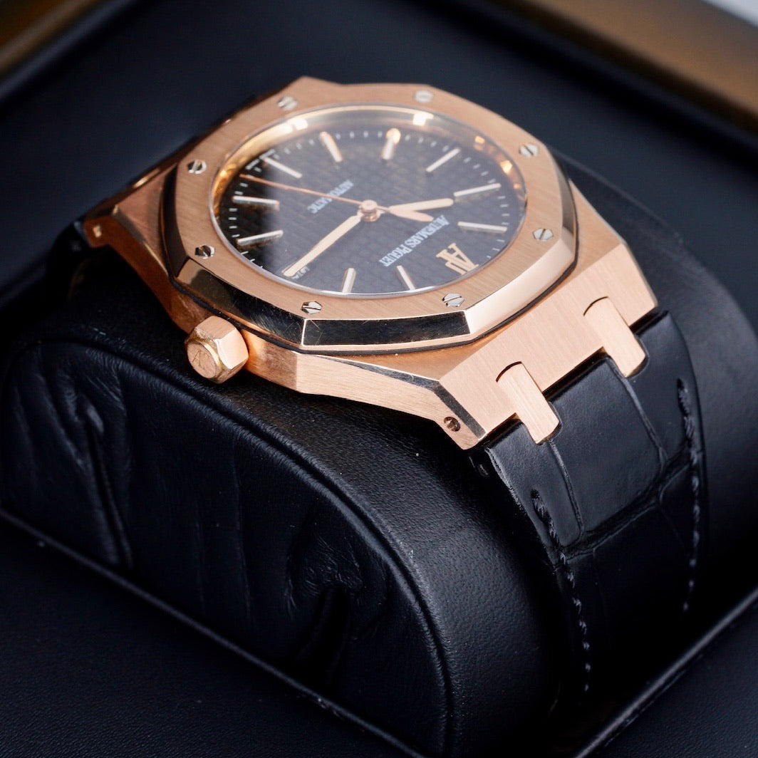 Audemars Piguet Royal Oak 15300OR.OO.D002CR.01 “BLACK OAK” Black Dial Rose Gold Leather Strap 39mm