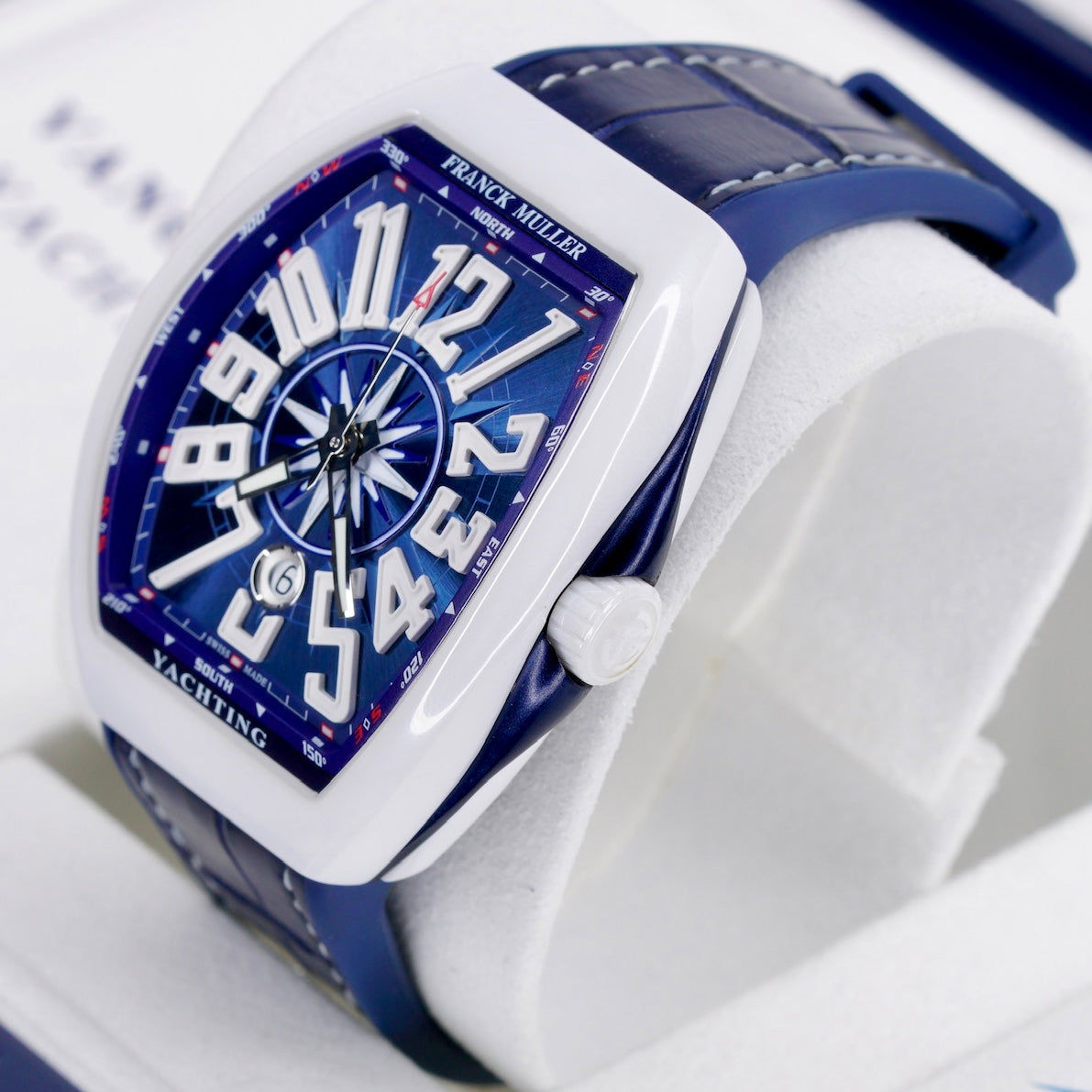 Franck Muller Vanguard V 45 SC DT Yachting Blue Dial Ceramic Blue Leather Strap