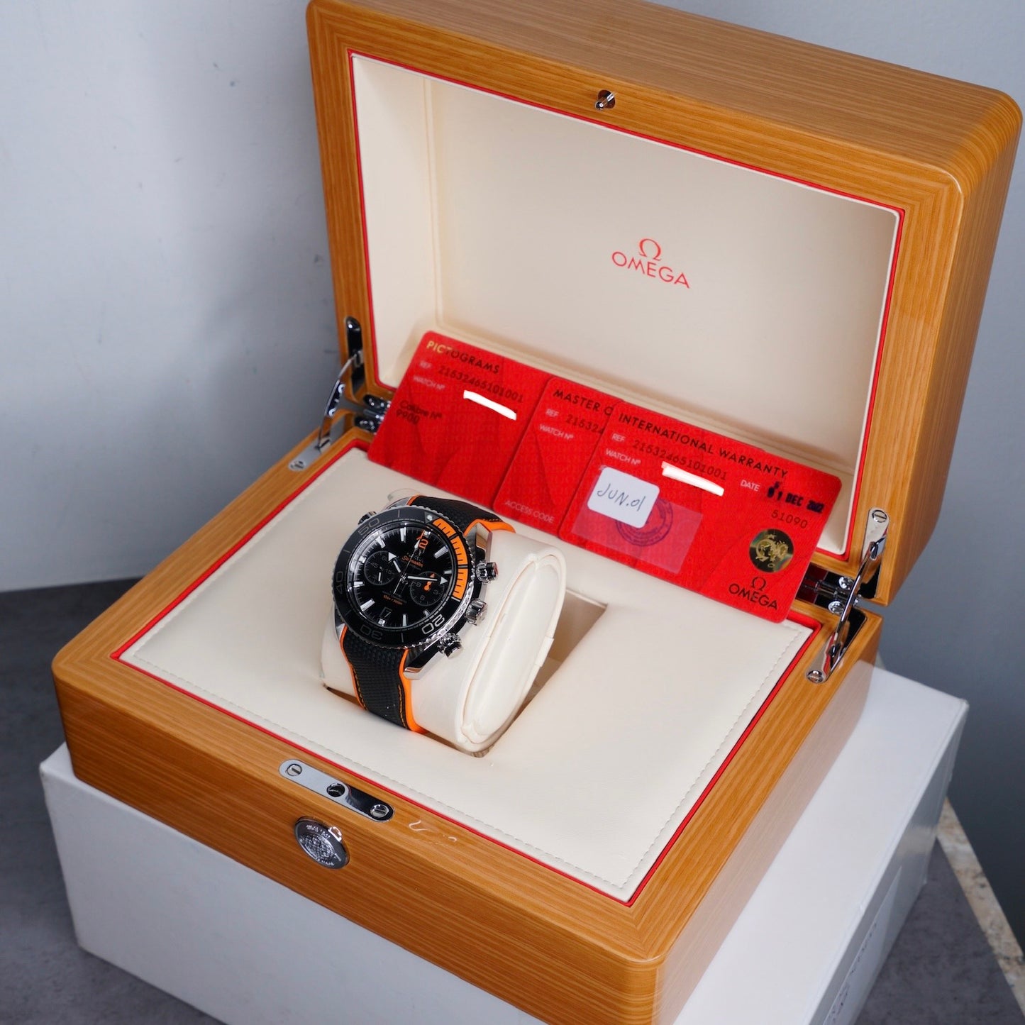 Omega Seamaster 215.32.46.51.01.001 “PLANET OCEAN” Black Dial Orange Accents  Stainless Steel Chronograph