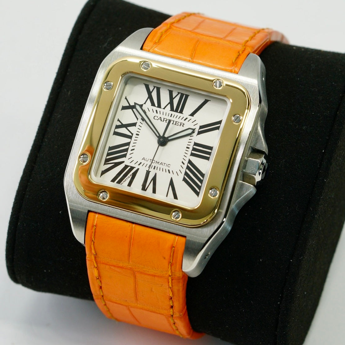 Cartier Santos 100 Xl 2656 Two-Tone Yellow Gold & Steel Orange Leather Strap