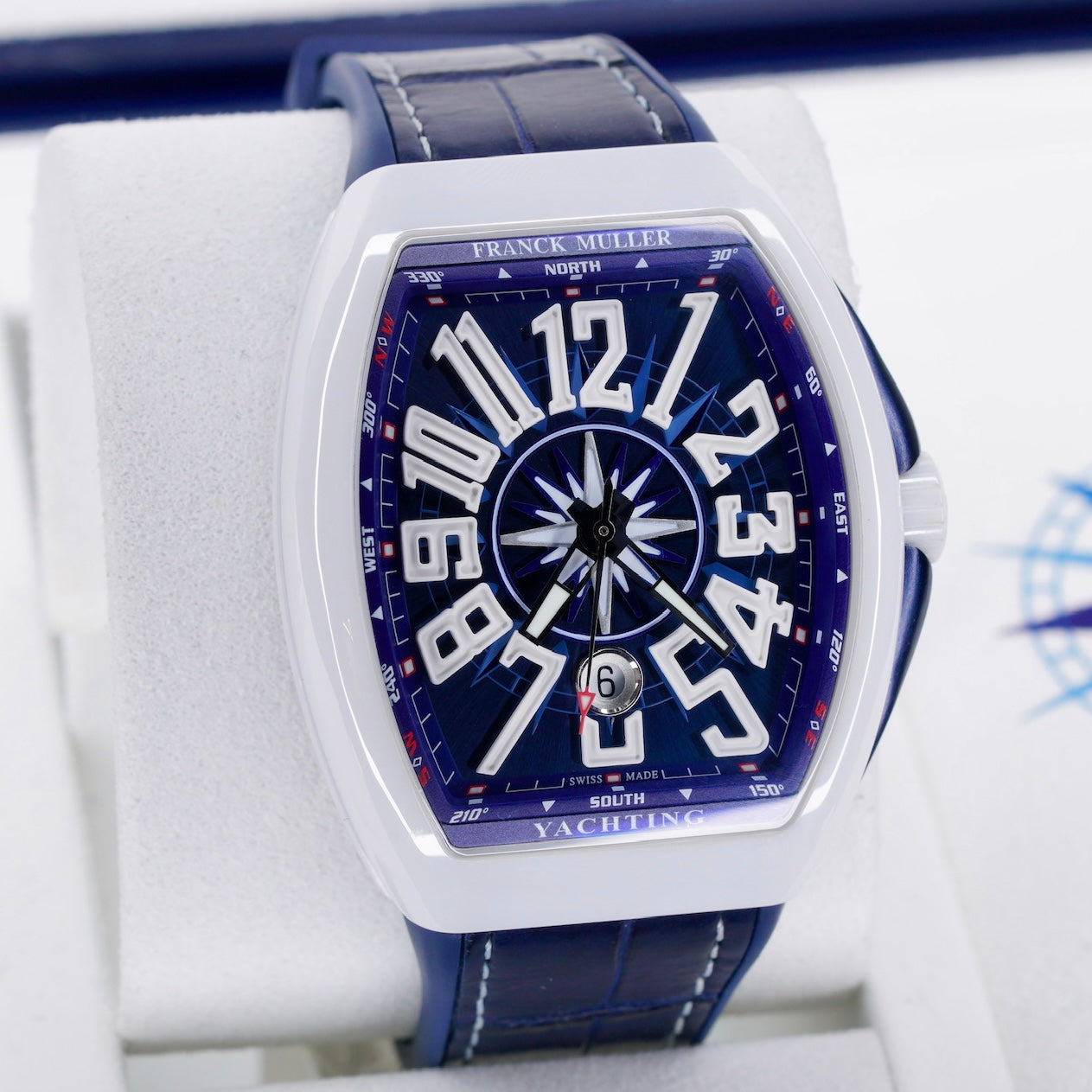 Franck Muller Vanguard V 45 SC DT Yachting Blue Dial Ceramic Blue Leather Strap