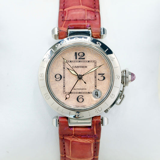 Cartier Pasha Gmt 2377 Pink Logo Dial Stainless Steel Leather Strap