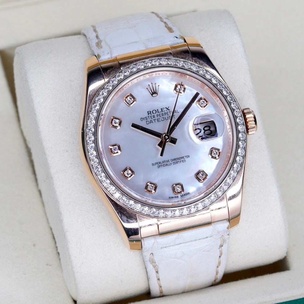 Rolex Datejust 116185 MOP Diamond Dial Rose Gold Leather Strap 36mm