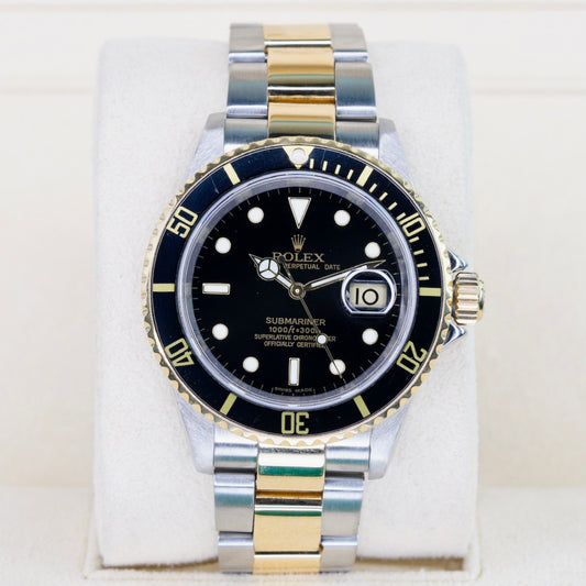Rolex Submariner Date 16613 Black Dial Two-Tone Yellow Gold & Steel No Holes Gold Thru Buckle 40mm