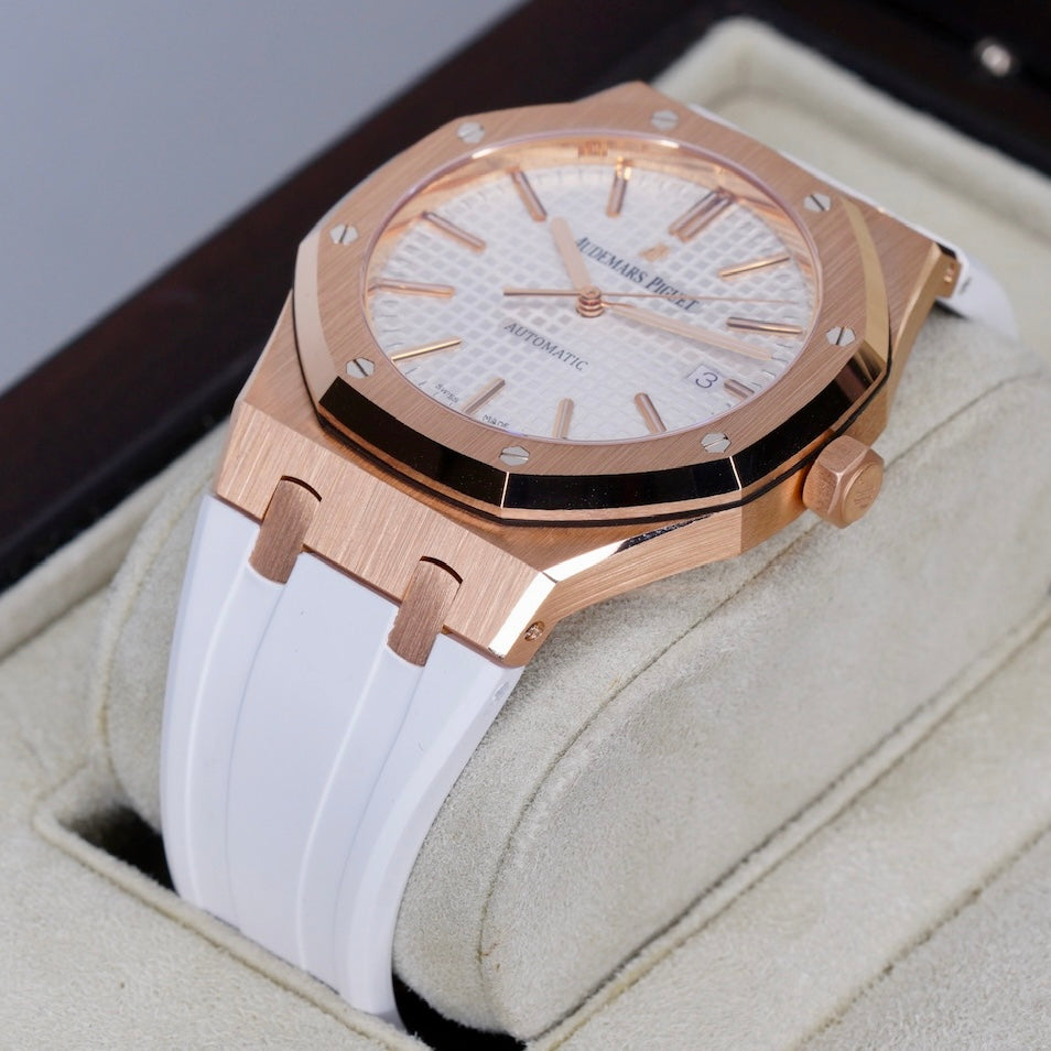 Audemars Piguet Royal Oak 15400OR.OO.D088cCR.01 White Dial Rose Gold White Leather Strap 41mm 2015