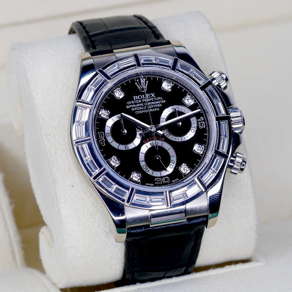 Rolex Daytona 116589BR “BAGUETTES” Black Diamond Dial Baguettes Bezel White Gold Leather Strap 40mm