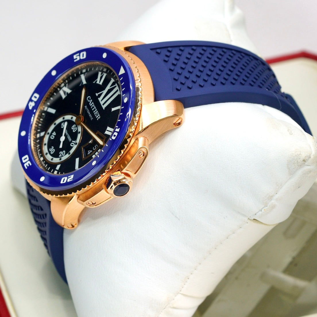 Cartier Calibre De Cartier WGCA0010 Rose Gold Blue Dial & Bezel Rubber Strap 42mm