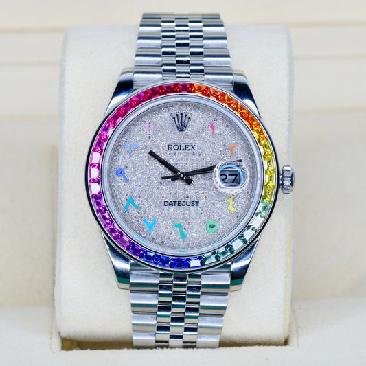 Rolex Datejust 126300 “AM ARABIC RAINBOW” Aftermarket Diamond Arabic Dial Aftermarket Rainbow Bezel Stainless Steel Jubilee 41mm