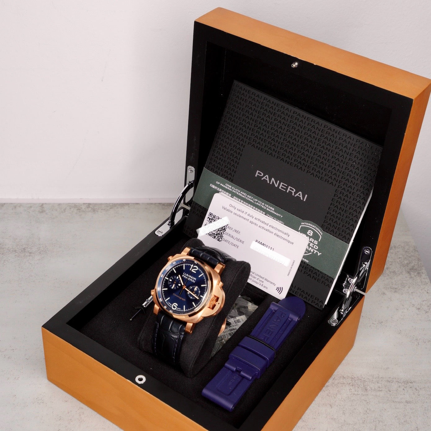 Panerai Luminor PAM 01111 Blue Dial Rose Gold Blue Leather Strap 44mm