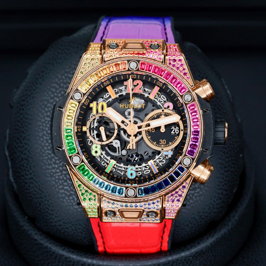 Hublot Bang Unico 441.OX.9910.LR.0999 “RAINBOW 42” Skeleton Dial King Gold Rainbow Black Strap 42mm